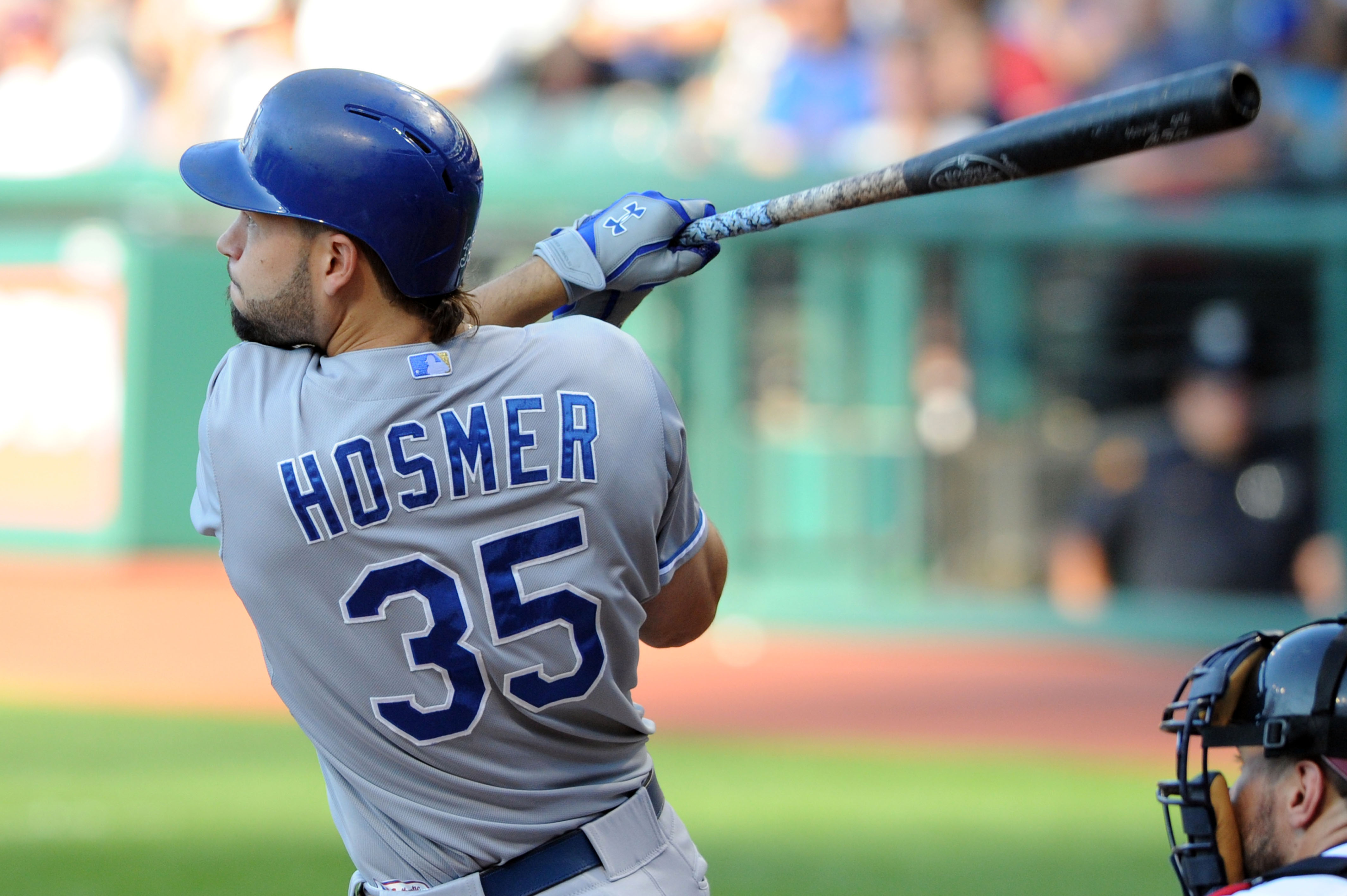 Kansas City Royals first baseman Eric Hosmer (35) sits after being