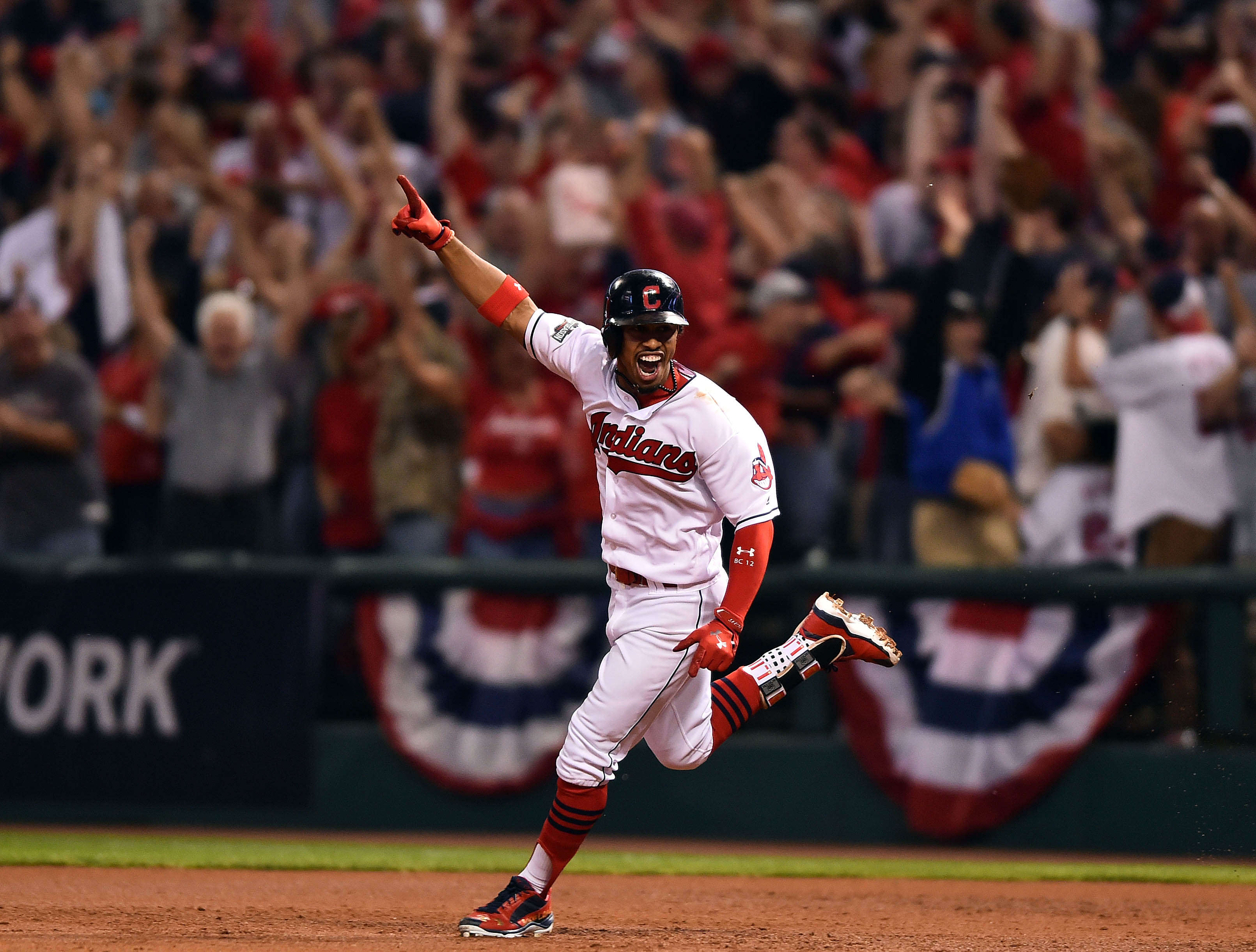 Cleveland Indians Francisco Lindor celebrates after hitting a solo