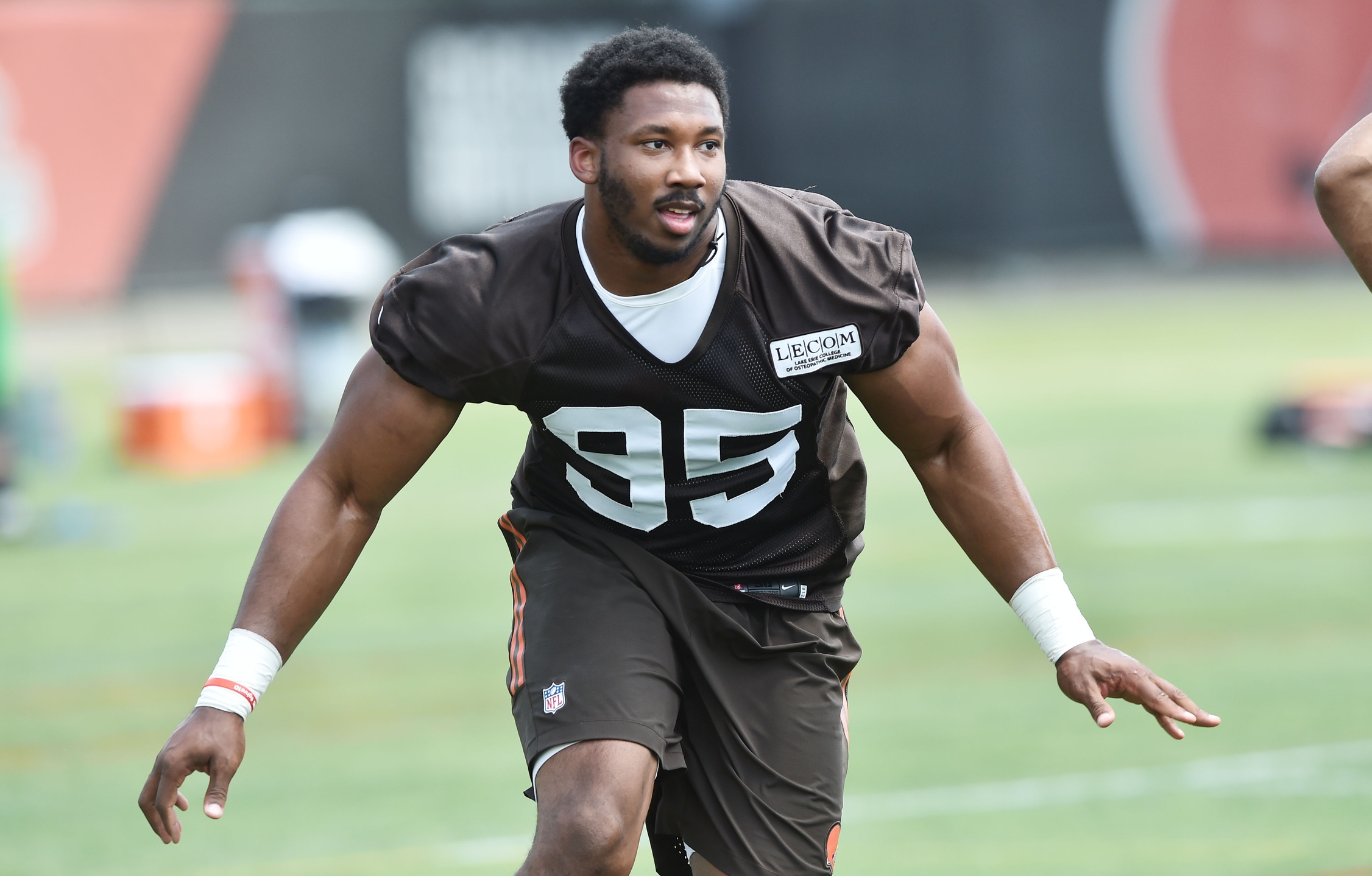 Cleveland Browns defensive end Myles Garrett (95) runs on the field during  an NFL football game