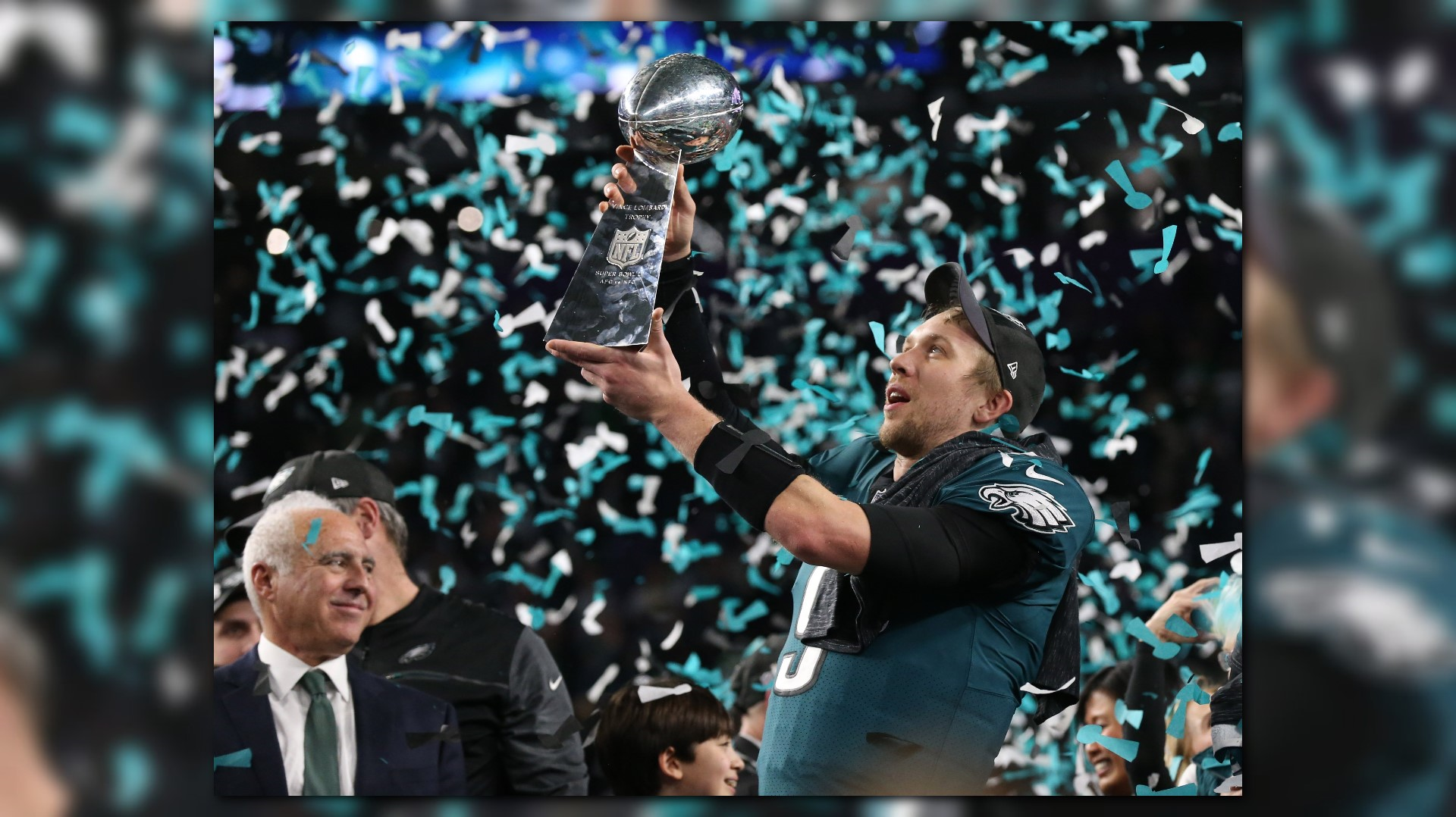 Philadelphia Eagles quarterback Nick Foles (9) holds up the Vince Lombardi  Trophy after Super Bowl LII at U.S. Bank Stadium in Minneapolis, Minnesota  on February 4, 2018. The Philadelphia Eagles won 41-33