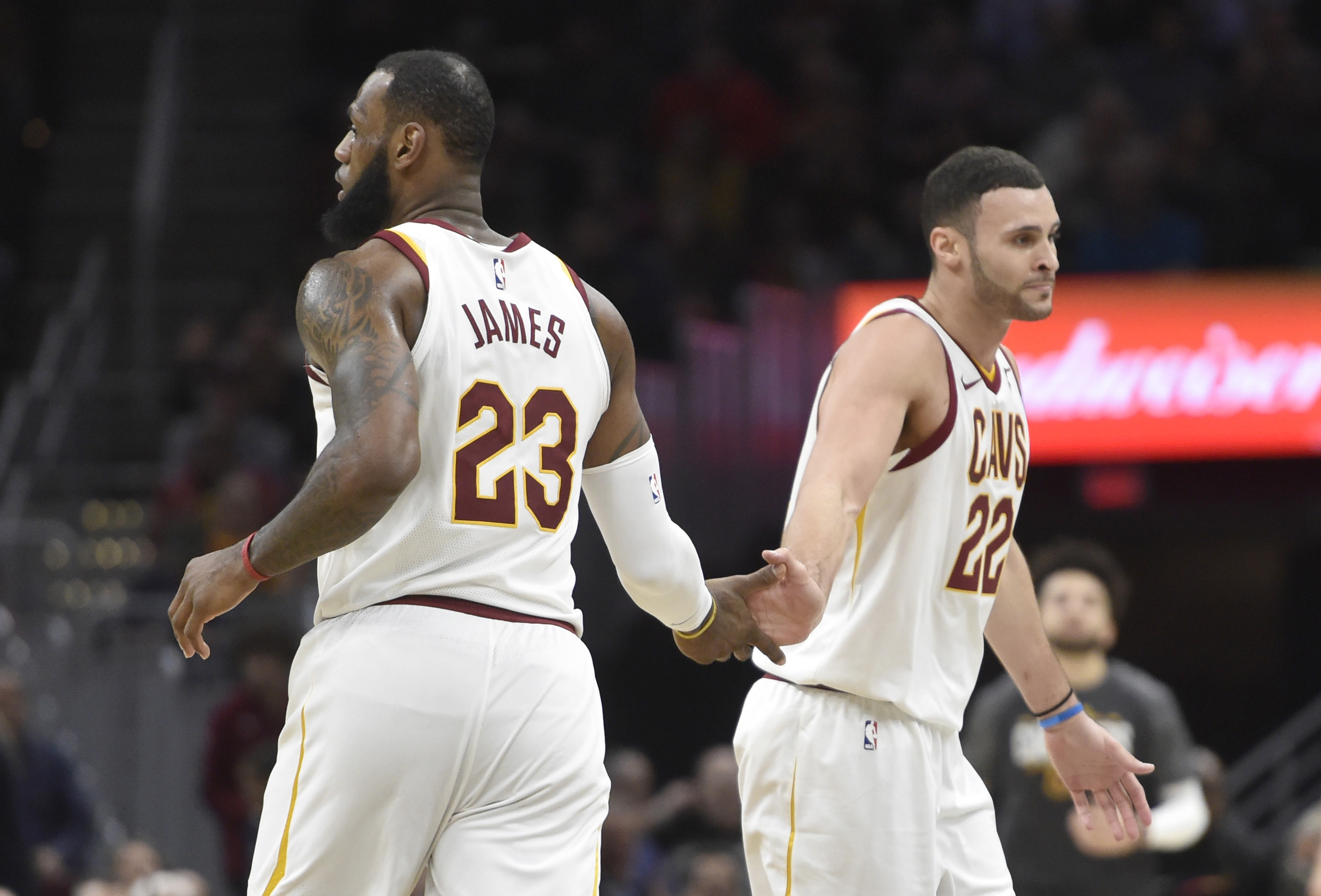 LeBron James, center, talks about his time at St. Vincent-St. Mary